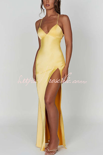 Satin Color Backless Lace Up High Slit Maxi Dress