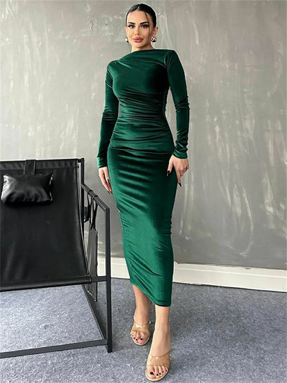 Pleated Slim Maxi Dress for High Waist Long Sleeve Patchwork Party Dress Long Dress New