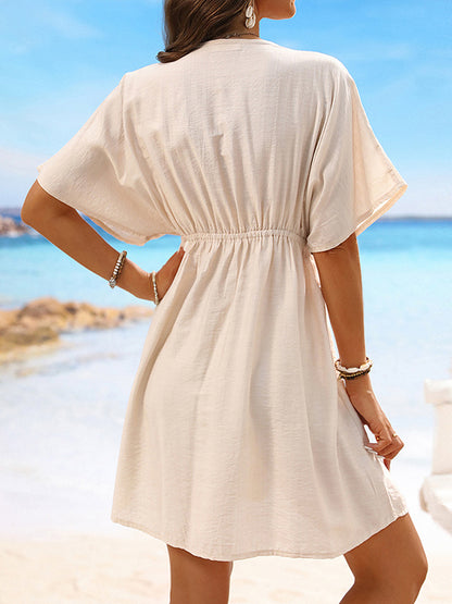 Batwing Sleeves Loose Elasticity See-through Split-joint V-neck Mini Dresses