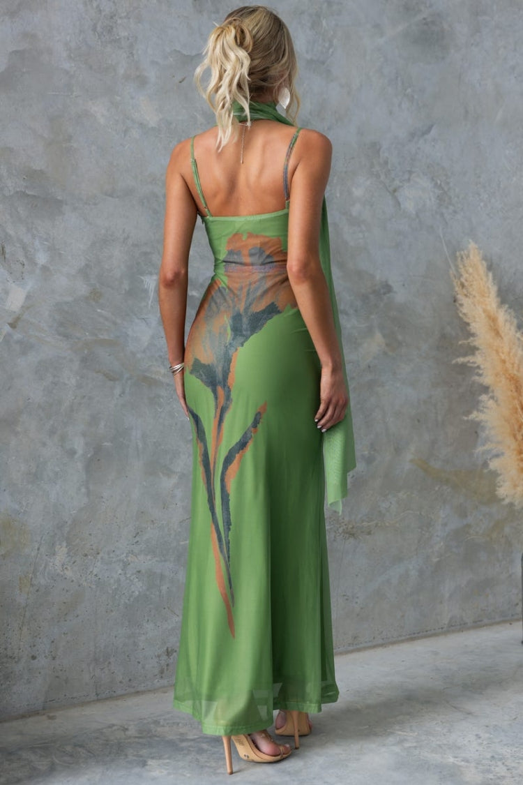 Larne Mesh Print Wrap Style Neckline Stretch Maxi Dress