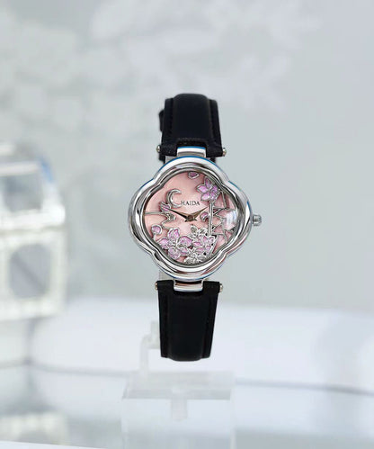 Black Metal Leather Hardlex Crystal Watches