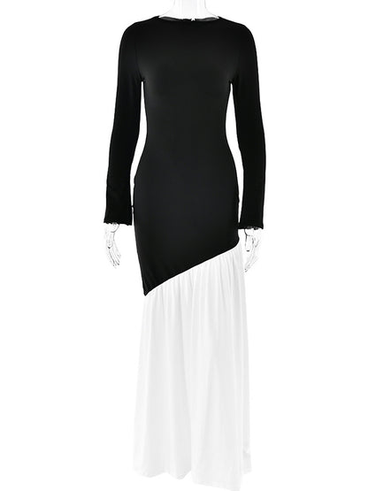 Bodycon High Waisted Contrast Color Pleated Split-joint Round-neck Maxi Dresses