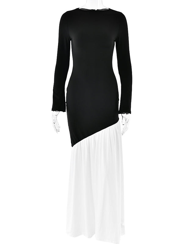 Bodycon High Waisted Contrast Color Pleated Split-joint Round-neck Maxi Dresses