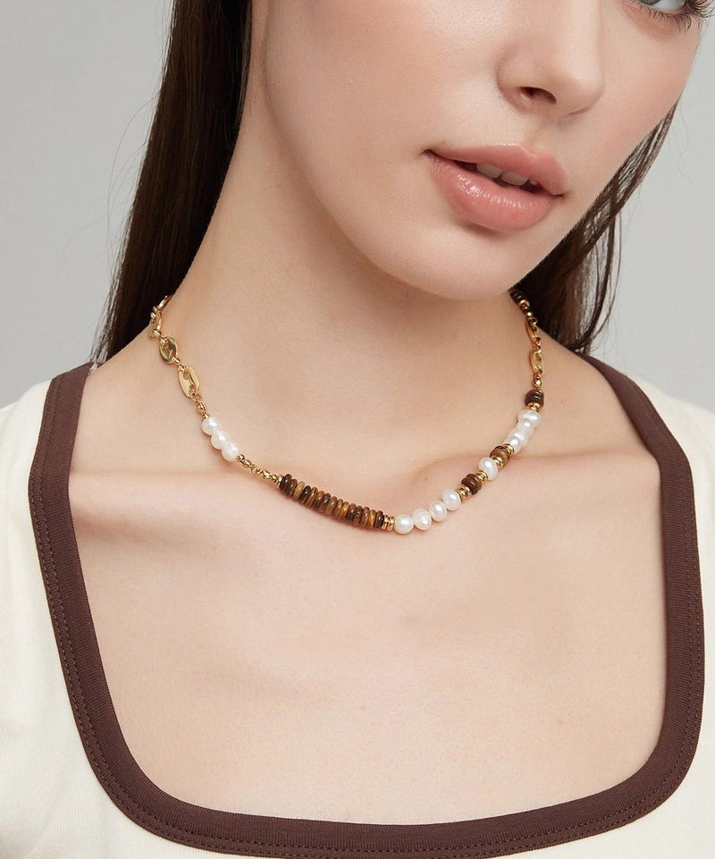 New Colorblockc Stainless Steel Tiger's Eye Patchwork Pearl Gratuated Bead Necklace