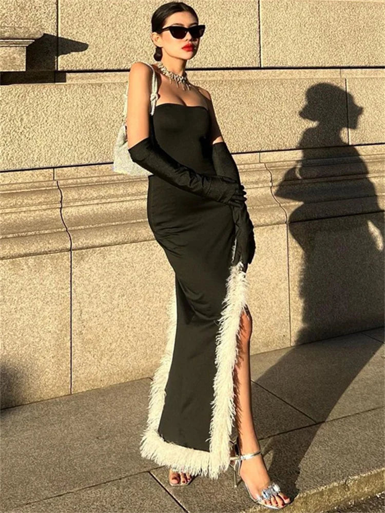 Black Patchwork With Gloves Maxi Dress Female Fur Feather Slim Off-shoulder Side Split Dress Bandeau Long Dress