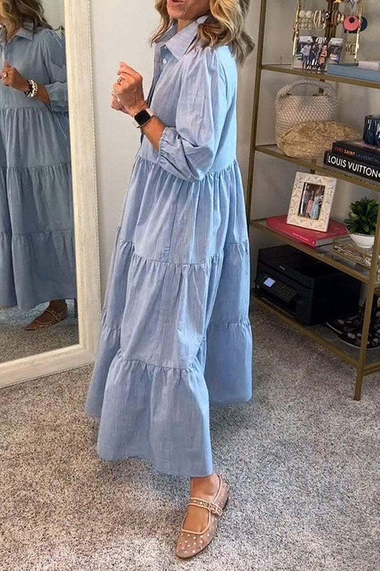 Color Lapel Elastic Cuffs Loose Maxi Dress