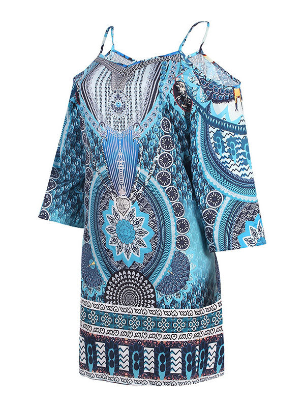 High Waisted Loose Hollow Printed Split-joint Cold Shoulder Mini Dresses