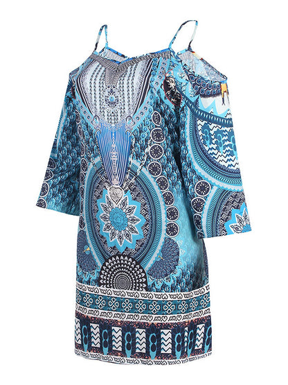 High Waisted Loose Hollow Printed Split-joint Cold Shoulder Mini Dresses