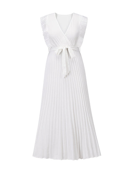 Loose Sleeveless Pleated Color Split-joint Tied Waist V-neck Maxi Dresses