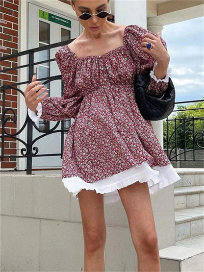 Printed Off-shoulder Ruffled Mini Dress for Square Collar Party Dress Evening Mini Dress