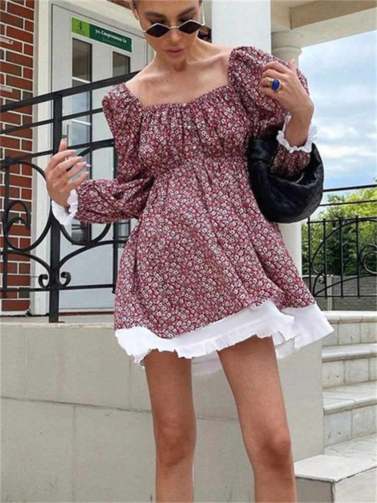Printed Off-shoulder Ruffled Mini Dress for Square Collar Party Dress Evening Mini Dress