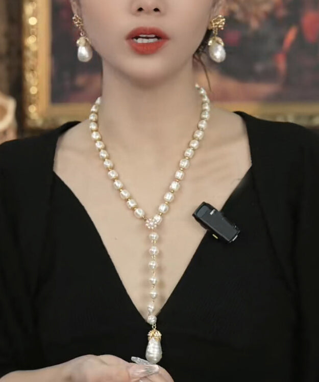 White Sterling Silver Overgild Pearl Sweater Pendant Necklace