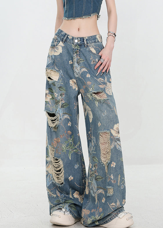 High Hole Print Denim Unique Blue Waist Summer Pants