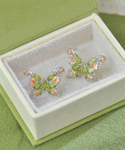 Stylish Light Green Copper Overgild Zircon Butterfly Stud Earrings