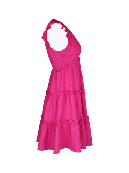 Loose Sleeveless Ruffle Trim Color Split-joint Deep V-neck Mini Dresses