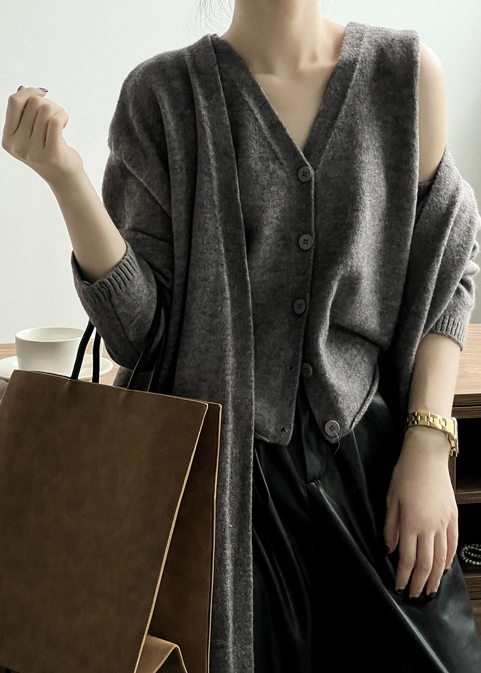 Loose Camel V Neck Tank and Cardigan Knit Two Piece Set Fall Af1097
