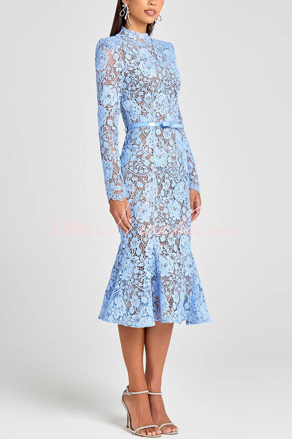 Feminine and Flower Lace Long Sleeve Bow Belted Flare Midi Dress