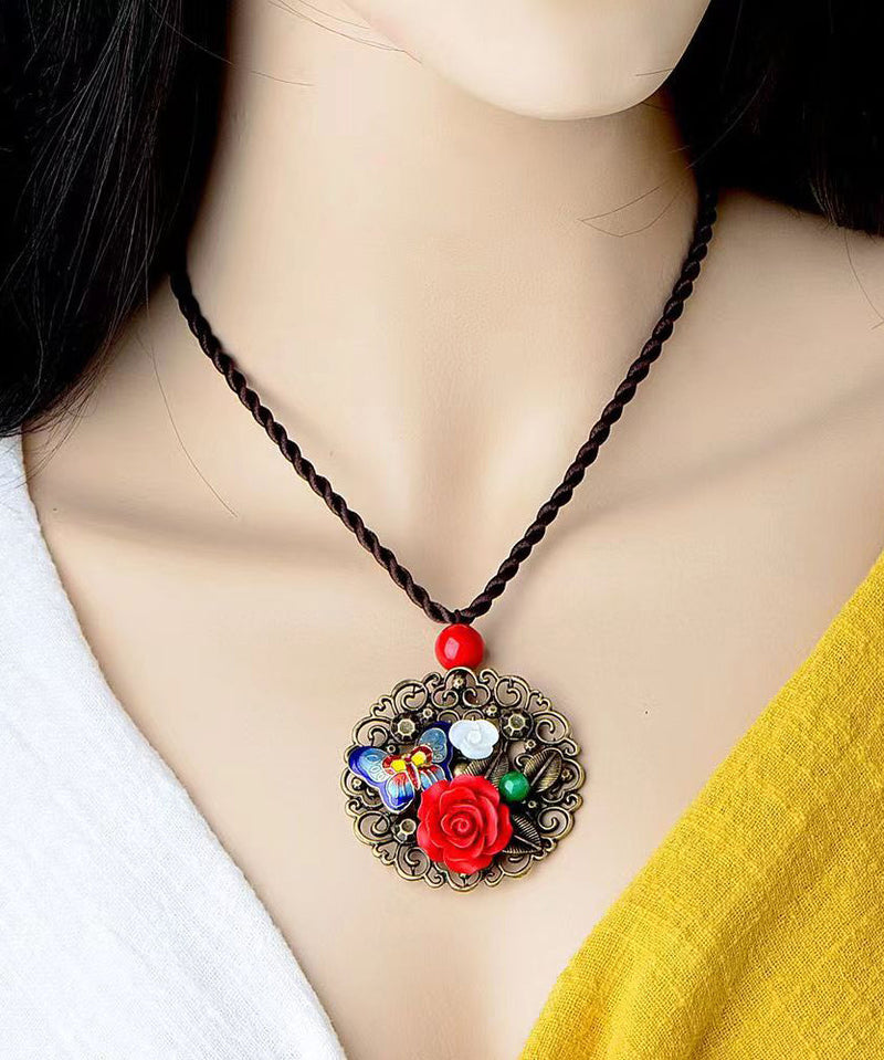 Retro Red Butterfly Hollow Out Metal Pendant Necklace