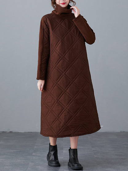A-line Long Sleeves Color High-neck Midi Dresses