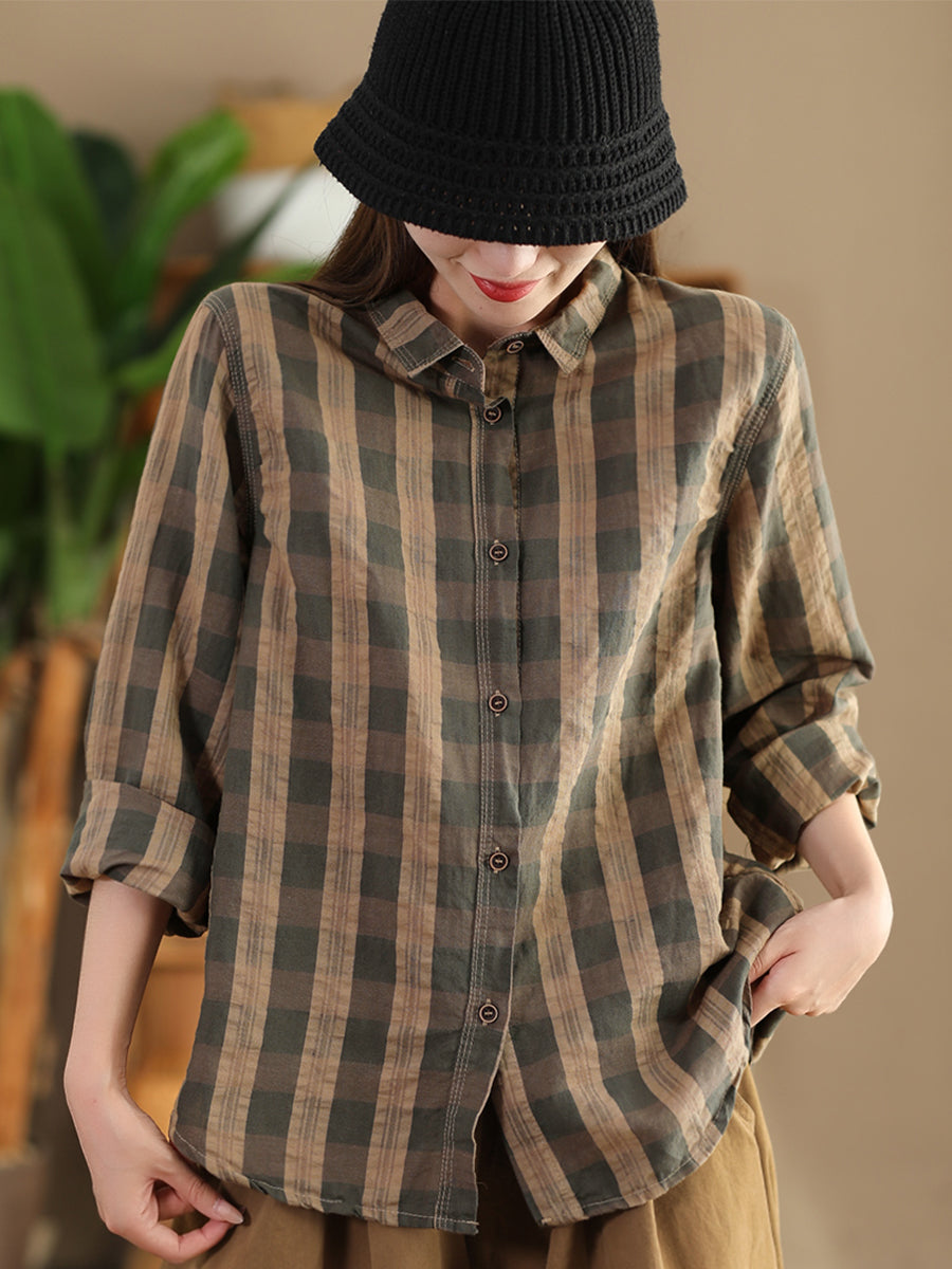 Autumn Plaid Button-up Linen Blouse At1038