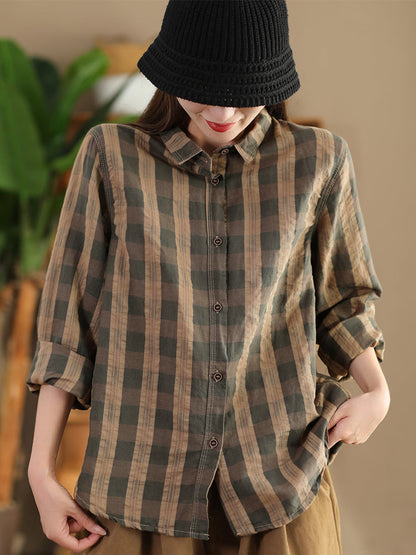 Autumn Plaid Button-up Linen Blouse At1038