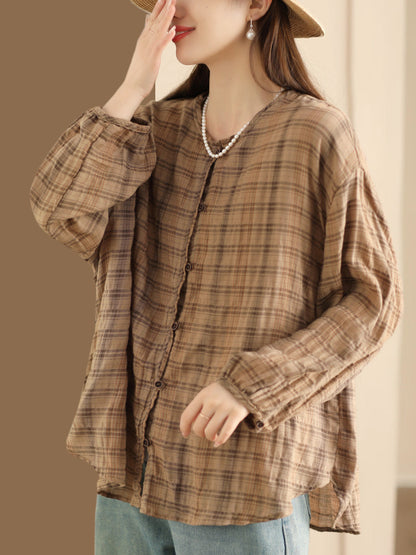 Spring Plaid Ramie Button Up Blouse Co1044