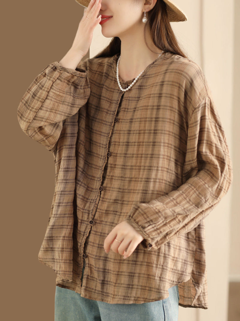 Spring Plaid Ramie Button Up Blouse Co1044