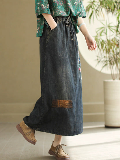 Artsy Flower Embroidery Denim Skirt Pa1009