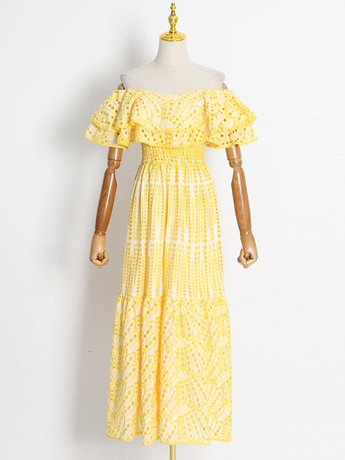 Off Shoulder Ruffled Embroidered Long Dresses