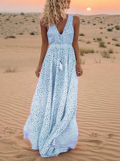 V-neck Sleeveless Polka-dot Maxi Dress