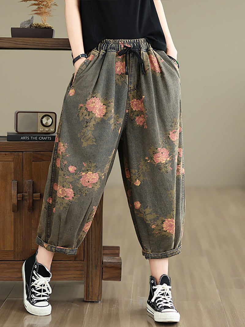 Summer Retro Flower Denim Loose Pants Ii1003