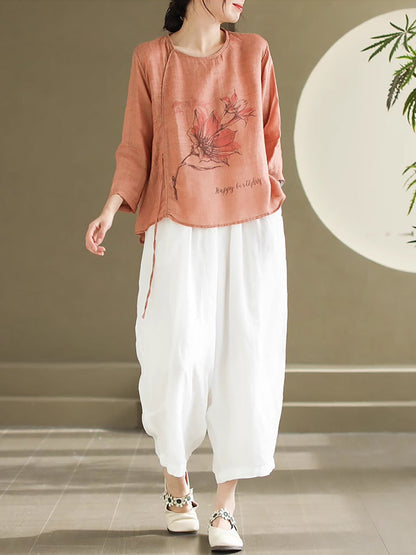 Spring Flower Strap Ramie Blouse Pa1032