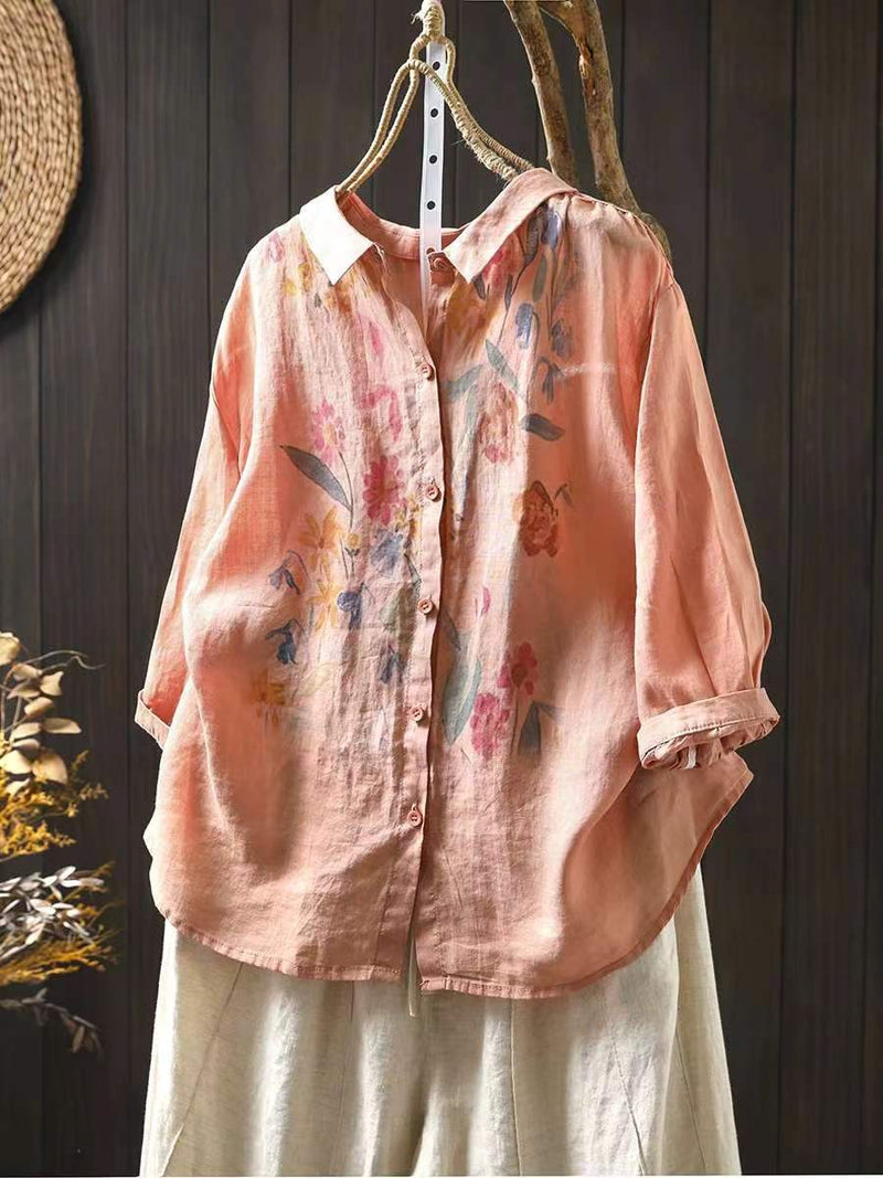Artsy Summer Flower Print Ramie Blouse Pa1033