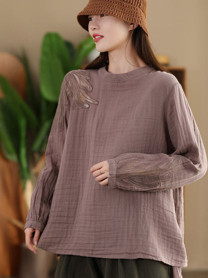 Autumn Artsy Embroidery Stand Collar Cotton Blouse Ai1076