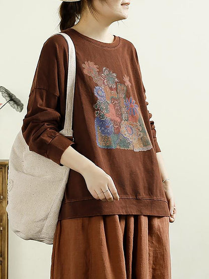 Autumn Flower O-neck Cotton Blouse At1002