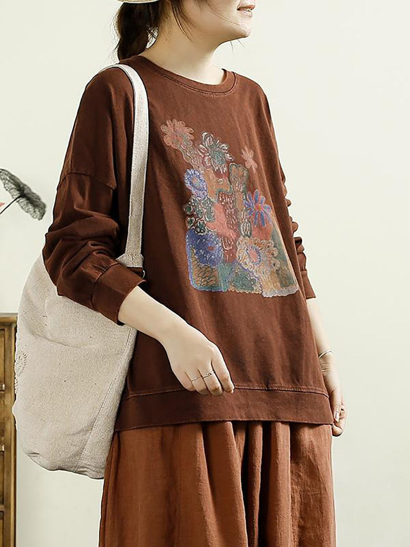 Autumn Flower O-neck Cotton Blouse At1002