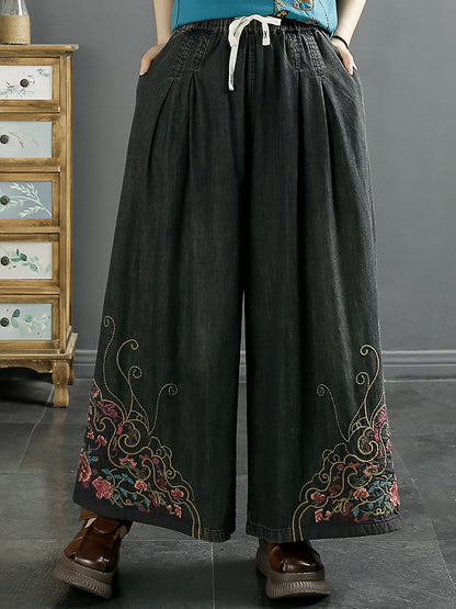 Summer Embroidery Wide-leg Denim Pants Kl1007