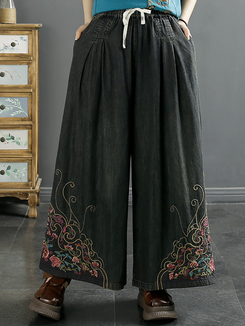 Summer Embroidery Wide-leg Denim Pants Kl1007