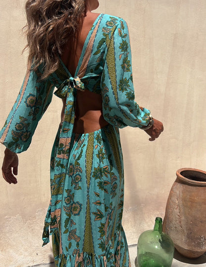 Surprised by You Printed Side Cutout Elastic Waist Maxi Dress