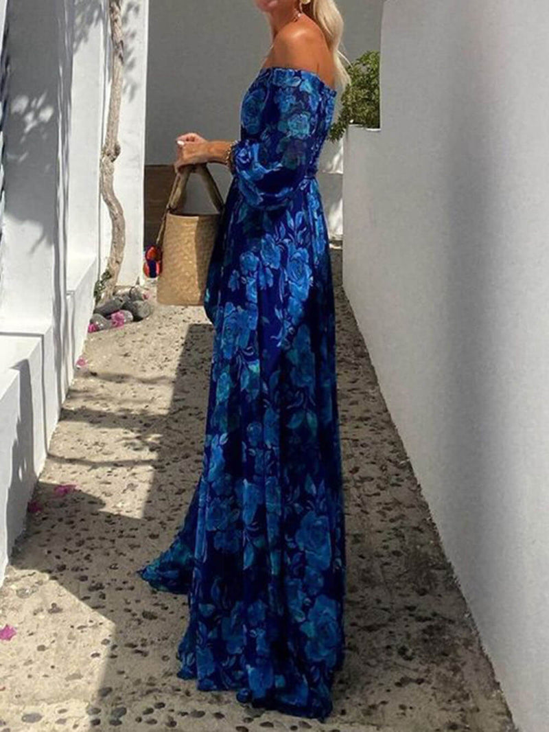 Marbella Blue - Off Shoulder Smocked Maxi Dress