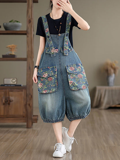 Summer Retro Flower Spliced Denim Jumpsuits Zz1021
