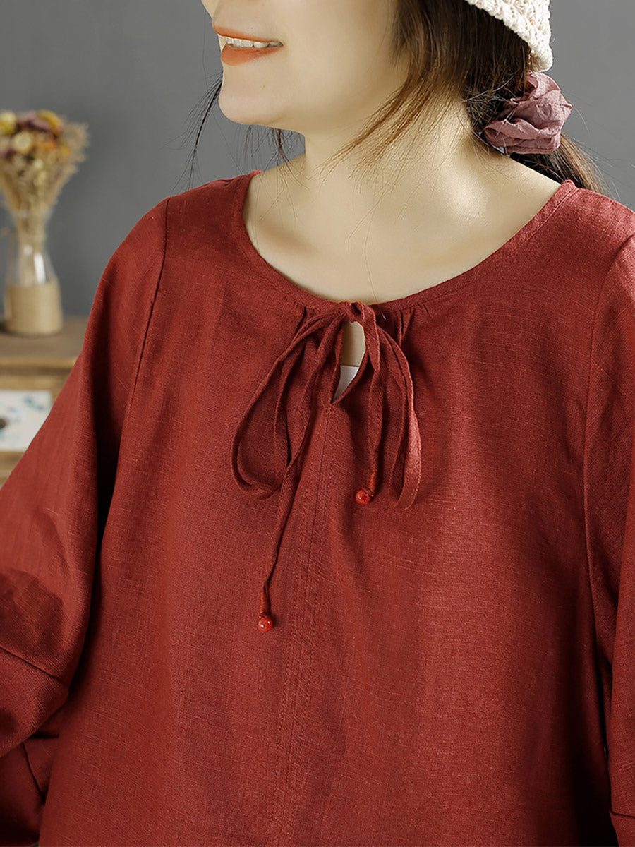 Autumn O-neck 100%linen Loose Blouse Ak1001