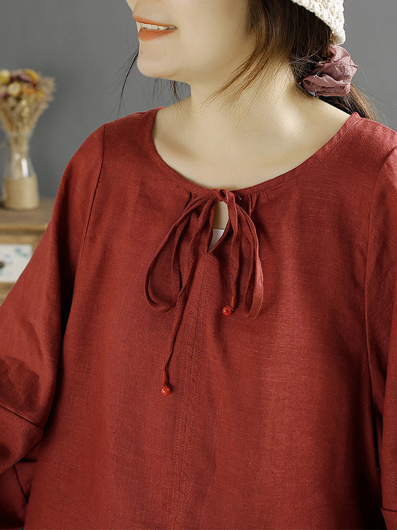 Autumn O-neck 100%linen Loose Blouse Ak1001