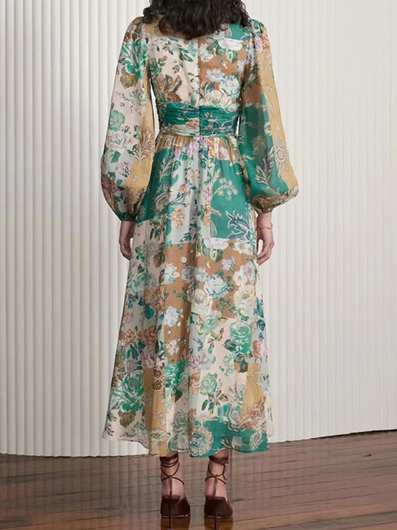 Hand-painted Printed V-neck Waist Midi Dress
