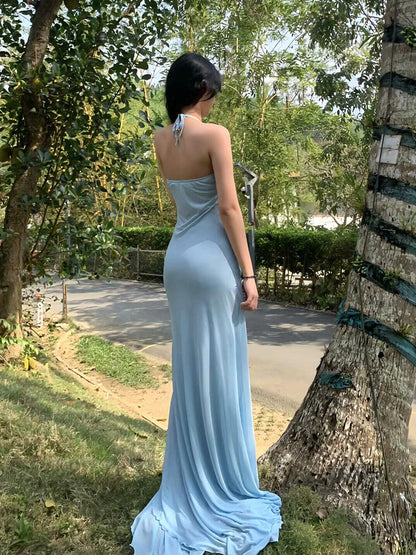 Blue Mesh Stretch Maxi Dress