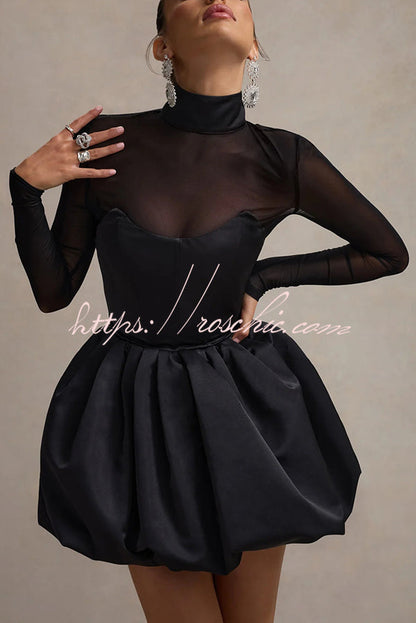 Mesh High Neck Long Sleeve Puff Hem Slim Mini Dress