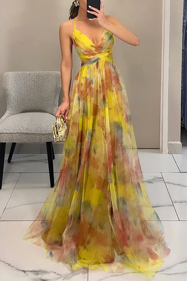 Giselle Tulle Render Print Cutout Waist Back Lace-up Maxi Dress
