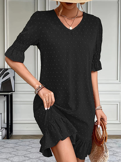 A-line Flared Sleeves Elasticity Jacquard Pleated Color Split-joint V-neck Mini Dresses