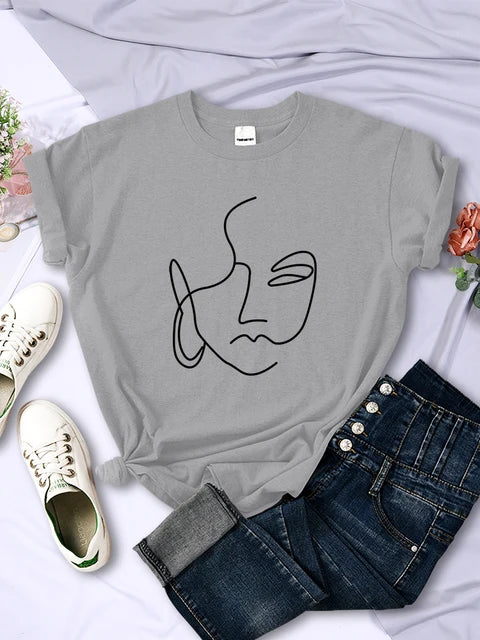 Abstract Simple Stroke Face Prints T-shirts Hip Hop Breathable Short Sleeve Soft Street Tops Female Tee Clothing