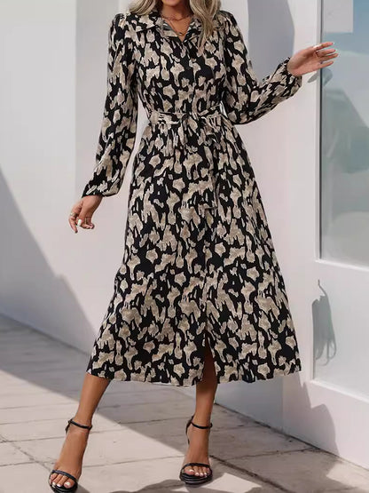 Long Sleeves Loose Printed Split-joint Tied Waist Lapel Midi Dresses Shirt Dress